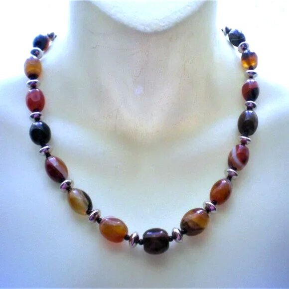 Vintage 18K 750 White Gold Banded Moss Agate Beads Beaded Graduated Necklace 20
